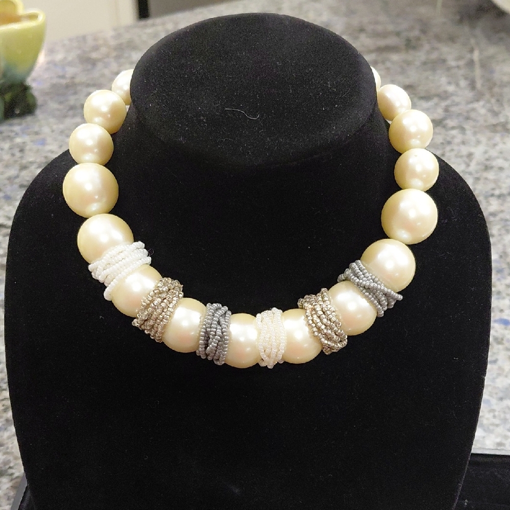 Chic Jumbo Pearl Necklace with Ropes of Silver,Gold,and White Seed Beads.Similar